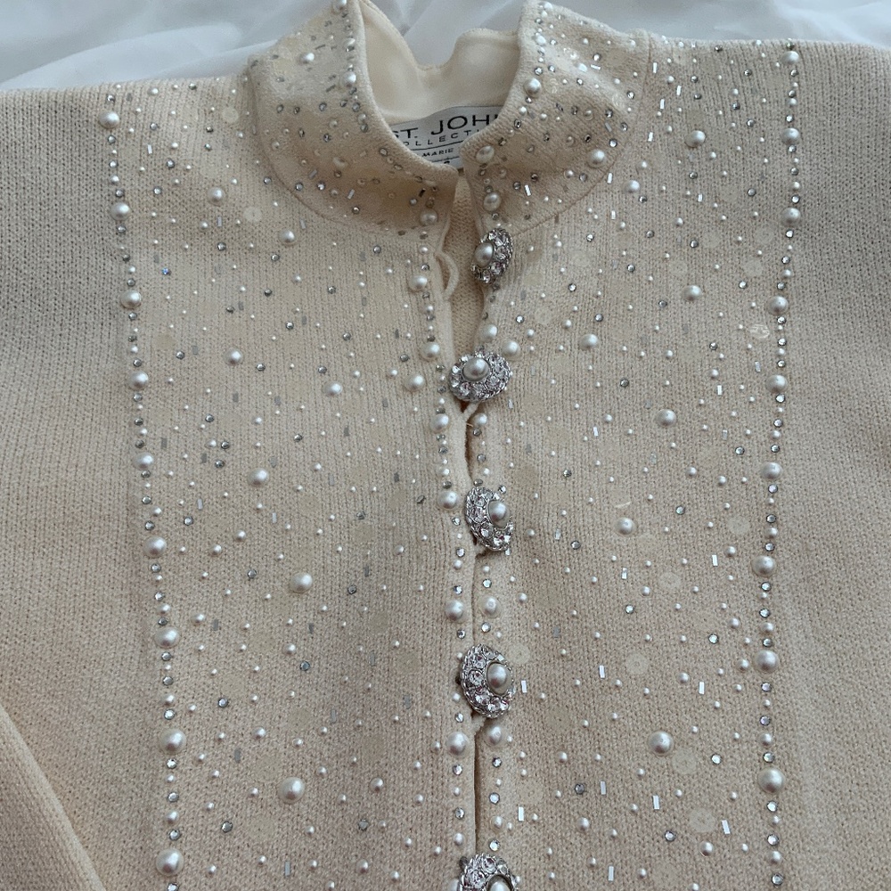 GORGEOUS Vintage St. John Collection IVORY Pearls Sequins Rhinestone Dress 6